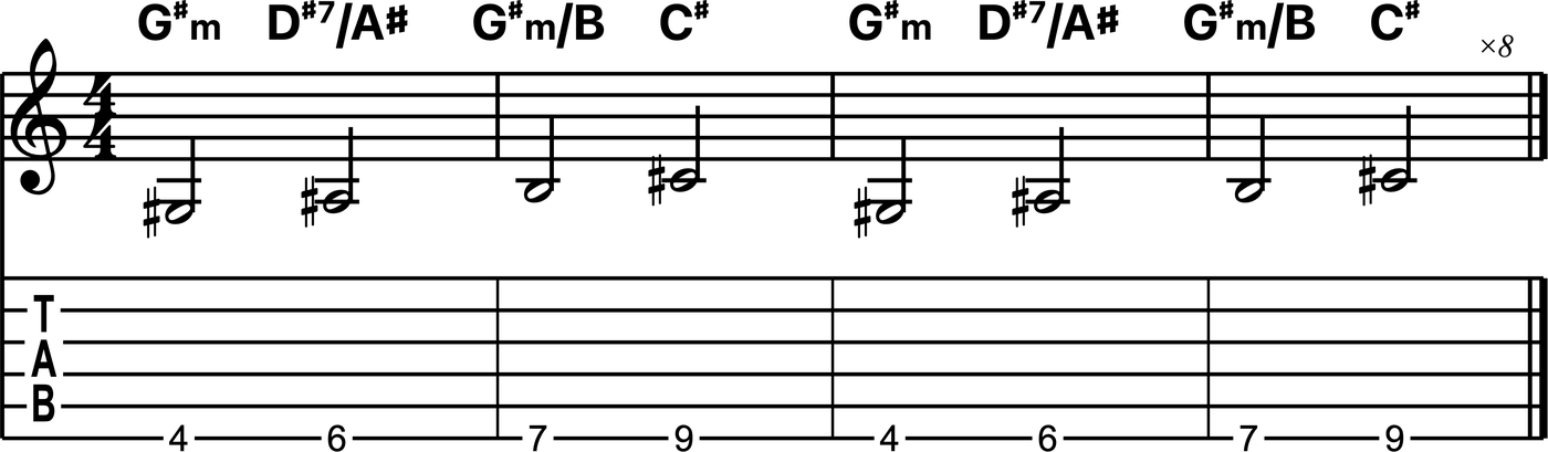 Exercise 1: As etude root notes G sharp, A sharp, B and C sharp on the low E string at frets 4, 6, 7 and 9, over G sharp minor, D sharp 7 over A sharp, G sharp minor over B and C sharp, notation and tab