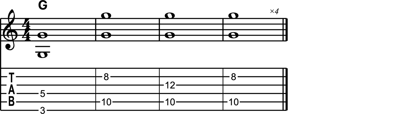 Exercise 1: G octave shapes through the E, C and A positions, notation and tab