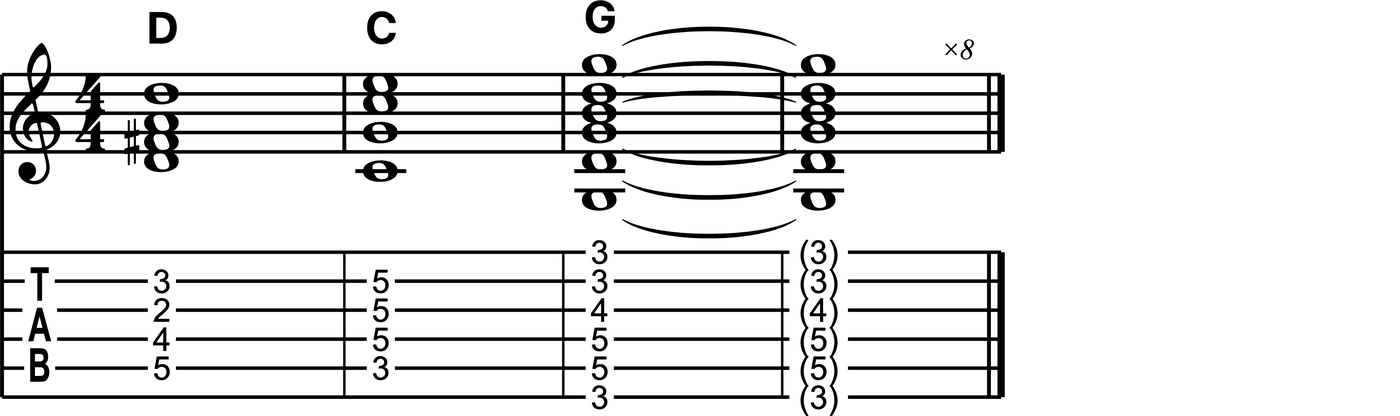 Exercise 7: D, C, G chord progression without repeating a shape, notation and tab