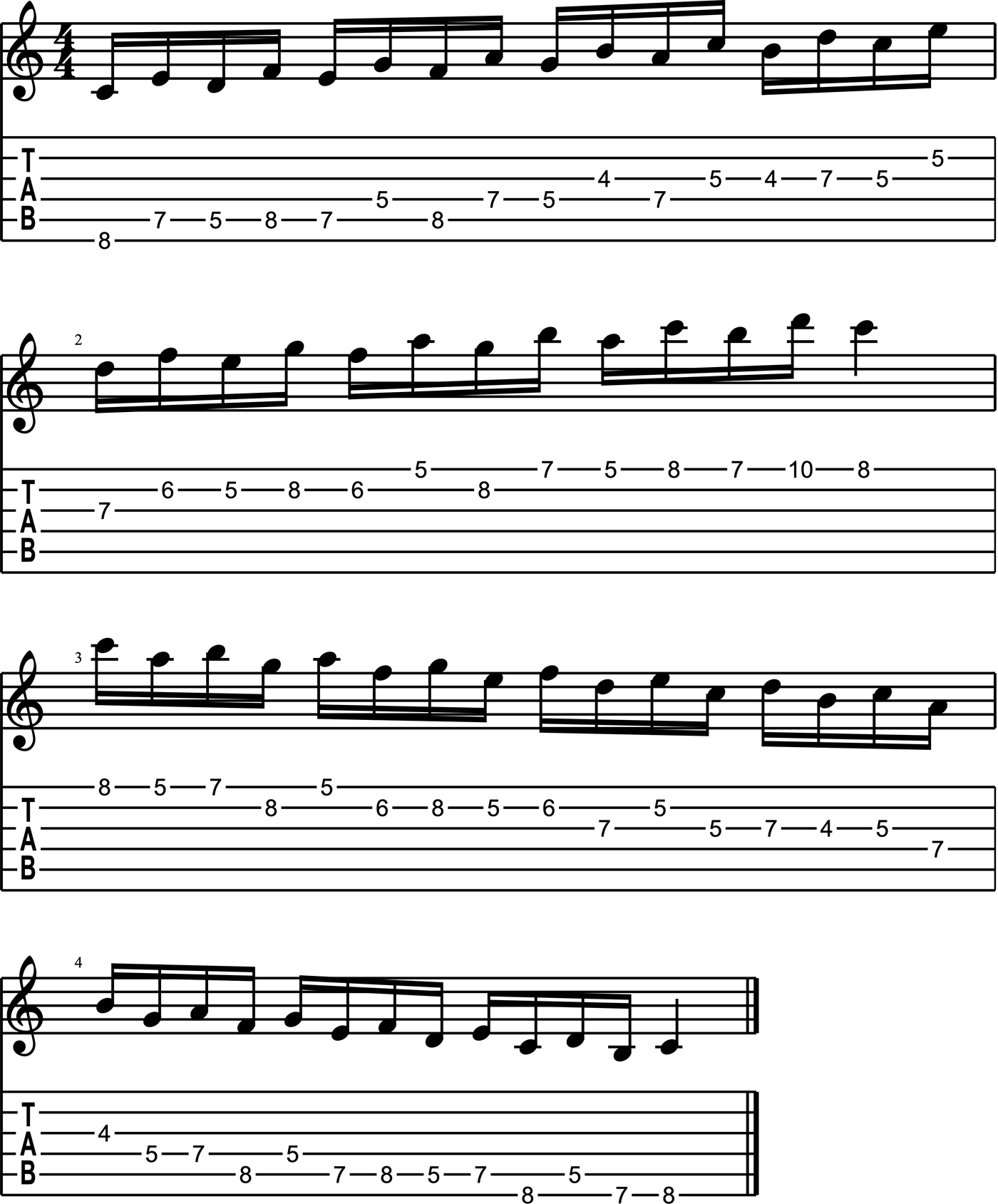 Exercise 2: C major scale in diatonic thirds in the G shape, from C on the 8th fret of the low E string up to the high C and back down, notation and tab