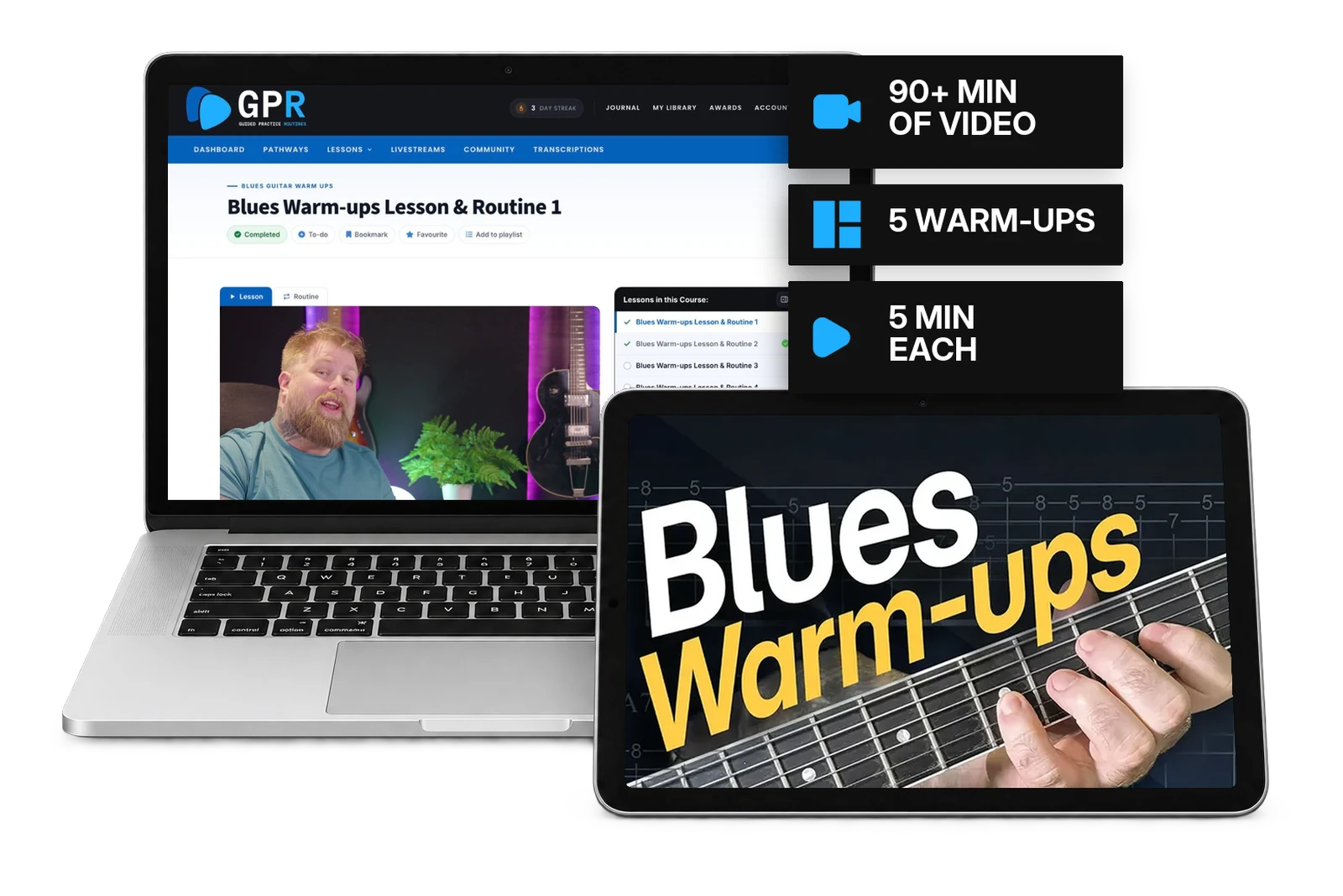 Blues Guitar Warm-Ups shown on a laptop and a tablet