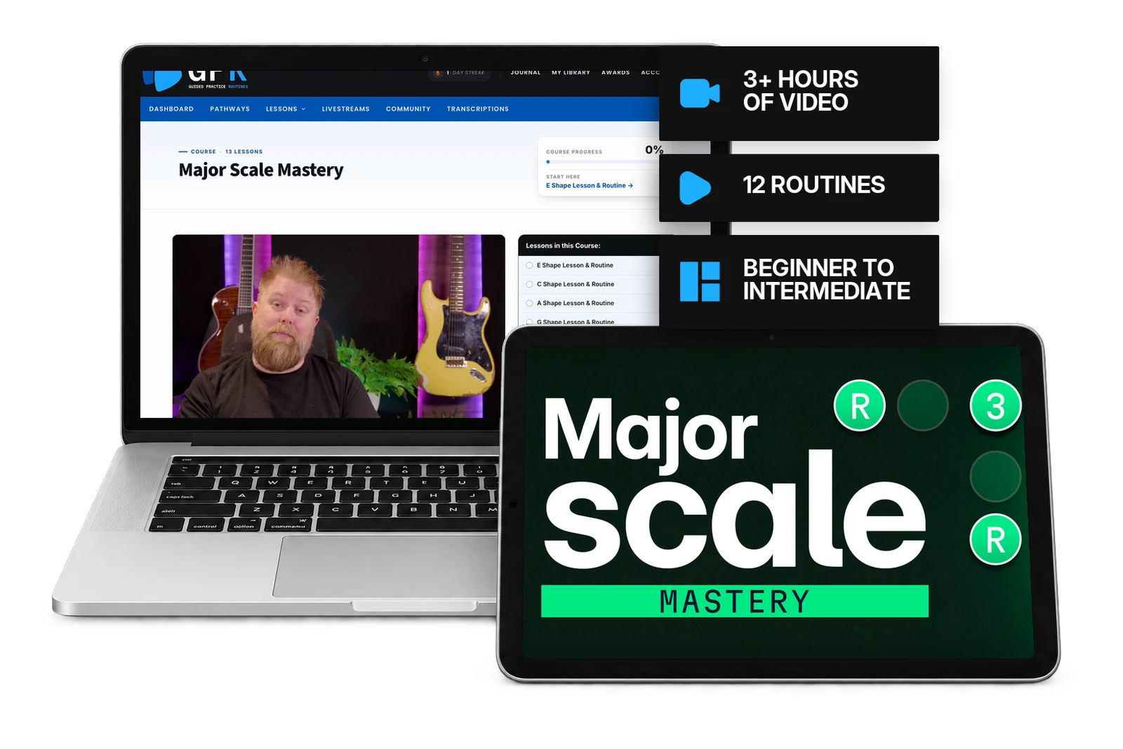Major Scale Mastery shown on a laptop and a tablet