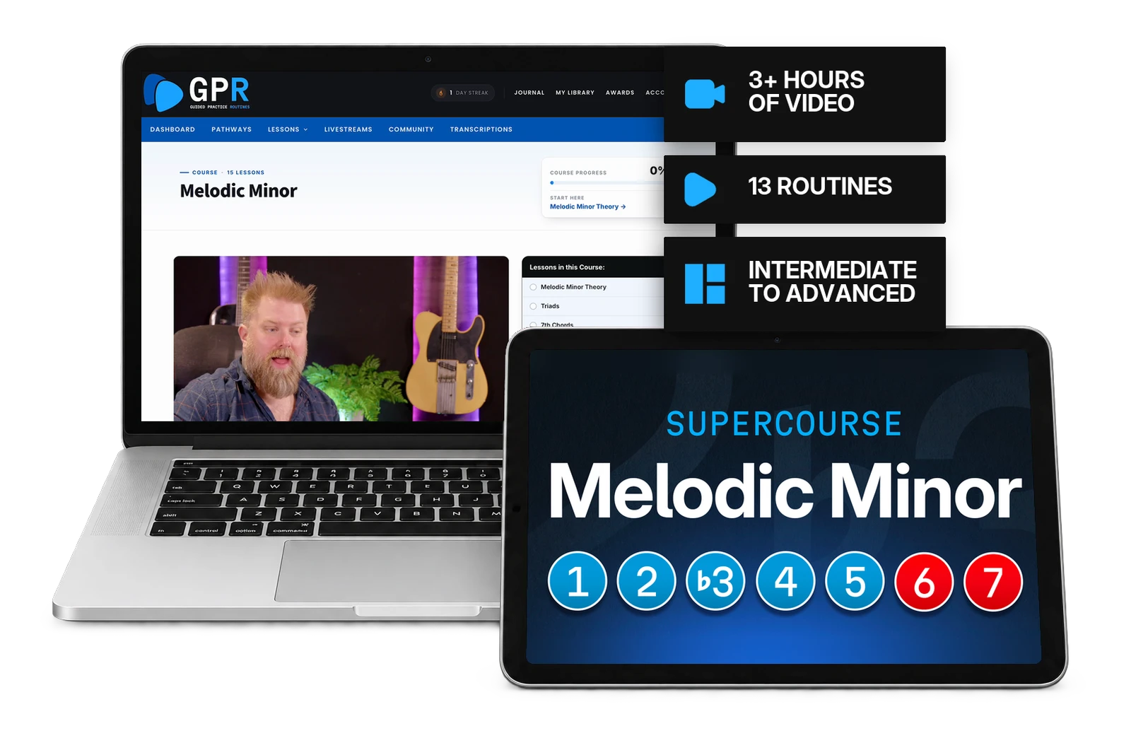 The Melodic Minor Super Course shown on a laptop and a tablet