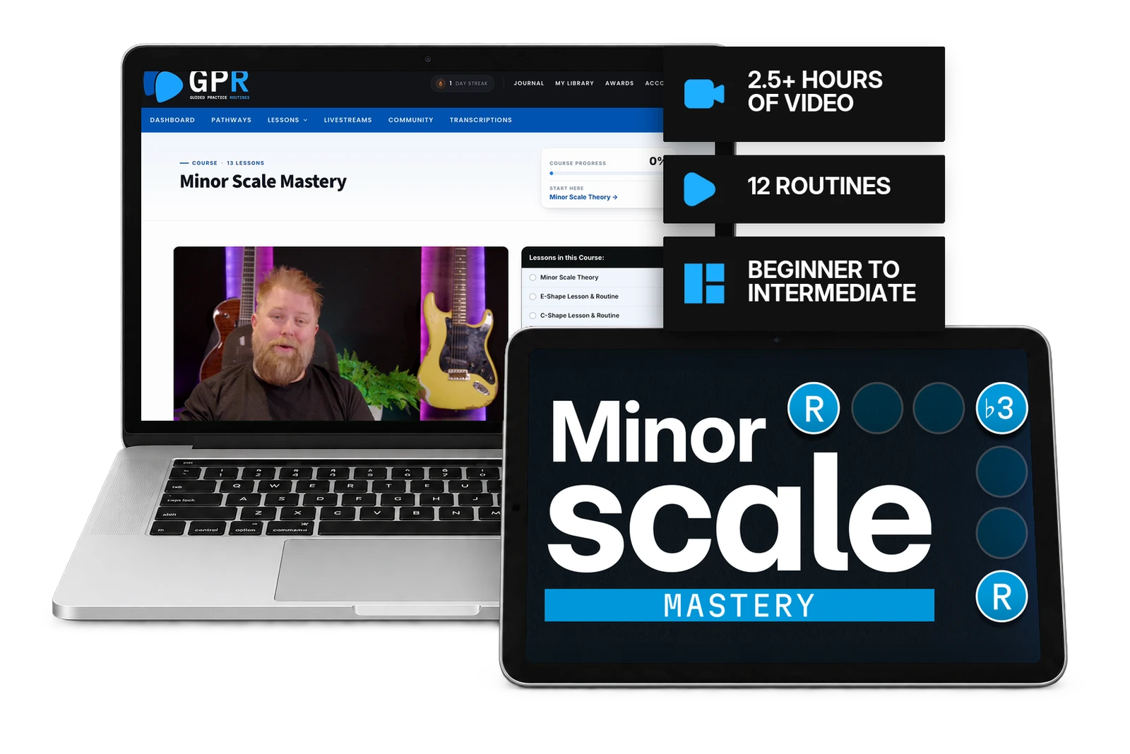 Minor Scale Mastery shown on a laptop and a tablet